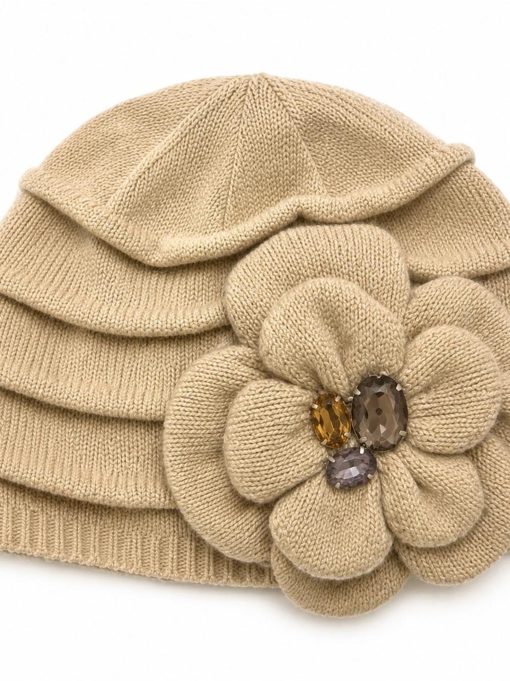Coldwater Creek Beige Knit Beanie with Floral Gem Accent